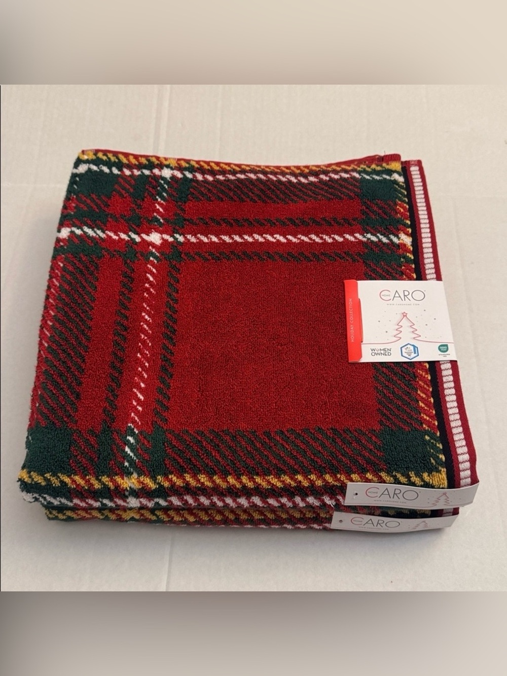 2pc CARO HOME Holiday Plaid Bath Towel Set - 100% Cotton - Green/Red/White